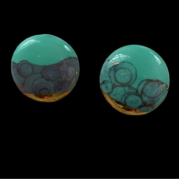 Vintage Gold Gilt Porcelain Round Pierced Earrings Woman’s Jewelry Aqua Blue-GRN - Picture 2 of 4